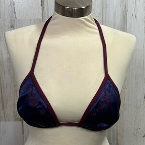 BECCA Navy and Burgundy Embroidered Velveteen Triangle Bikini Top